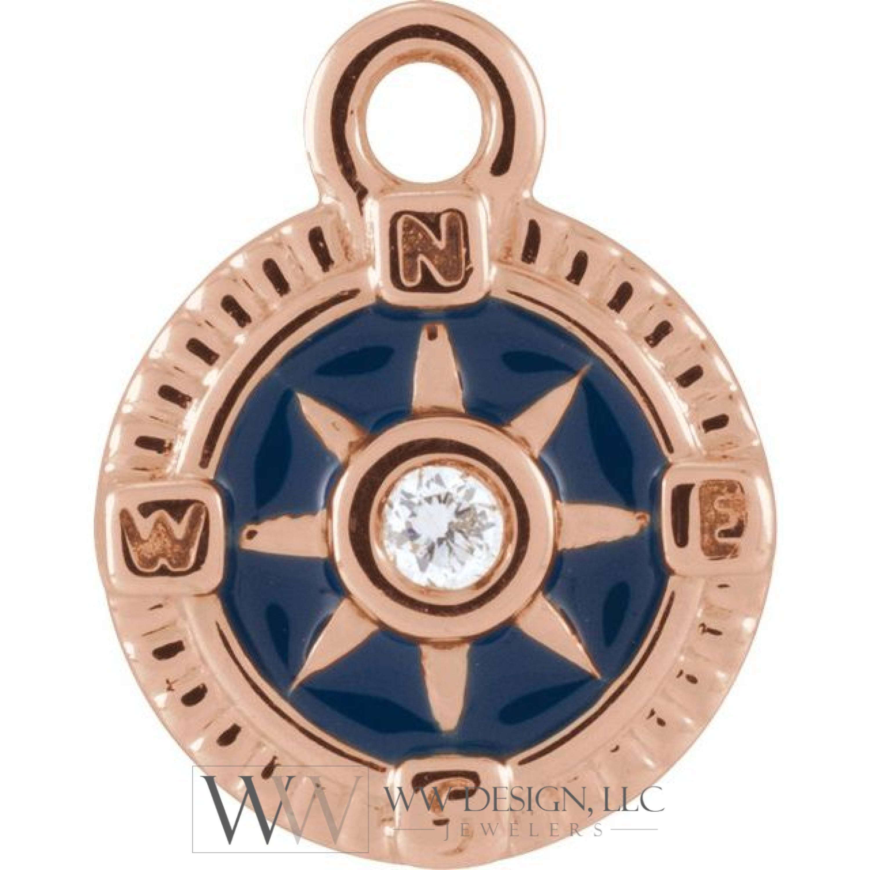 .01 Ct Natural Diamond Blue Enamel Compass Dangle Charm - 14K Gold (Y W R) /