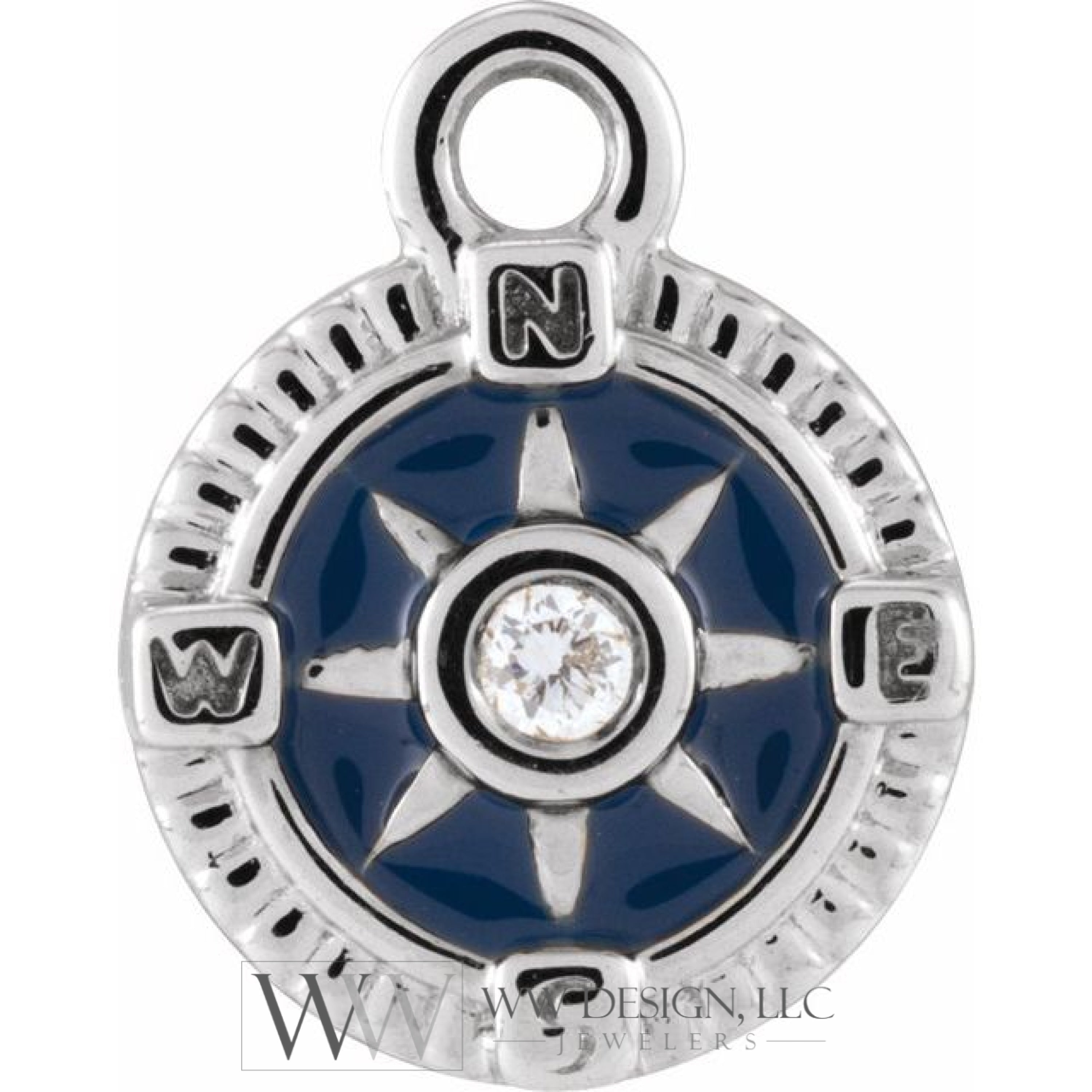 .01 Ct Natural Diamond Blue Enamel Compass Dangle Charm - 14K Gold (Y W R) /