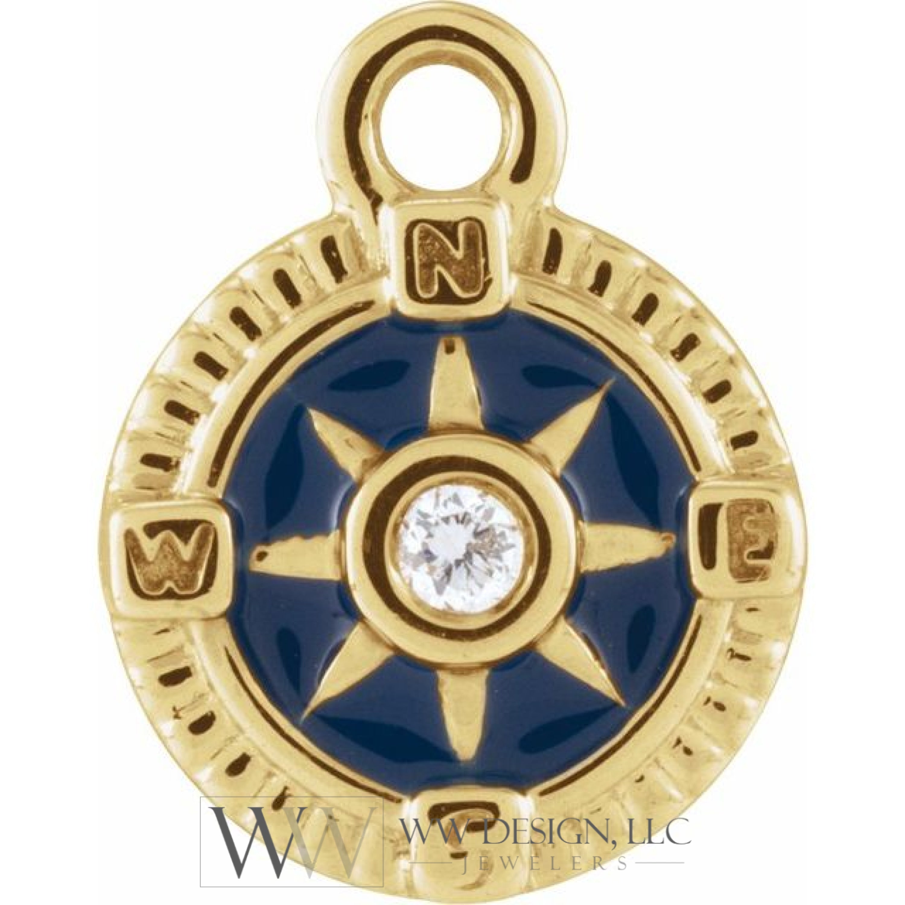 .01 Ct Natural Diamond Blue Enamel Compass Dangle Charm - 14K Gold (Y W R) /