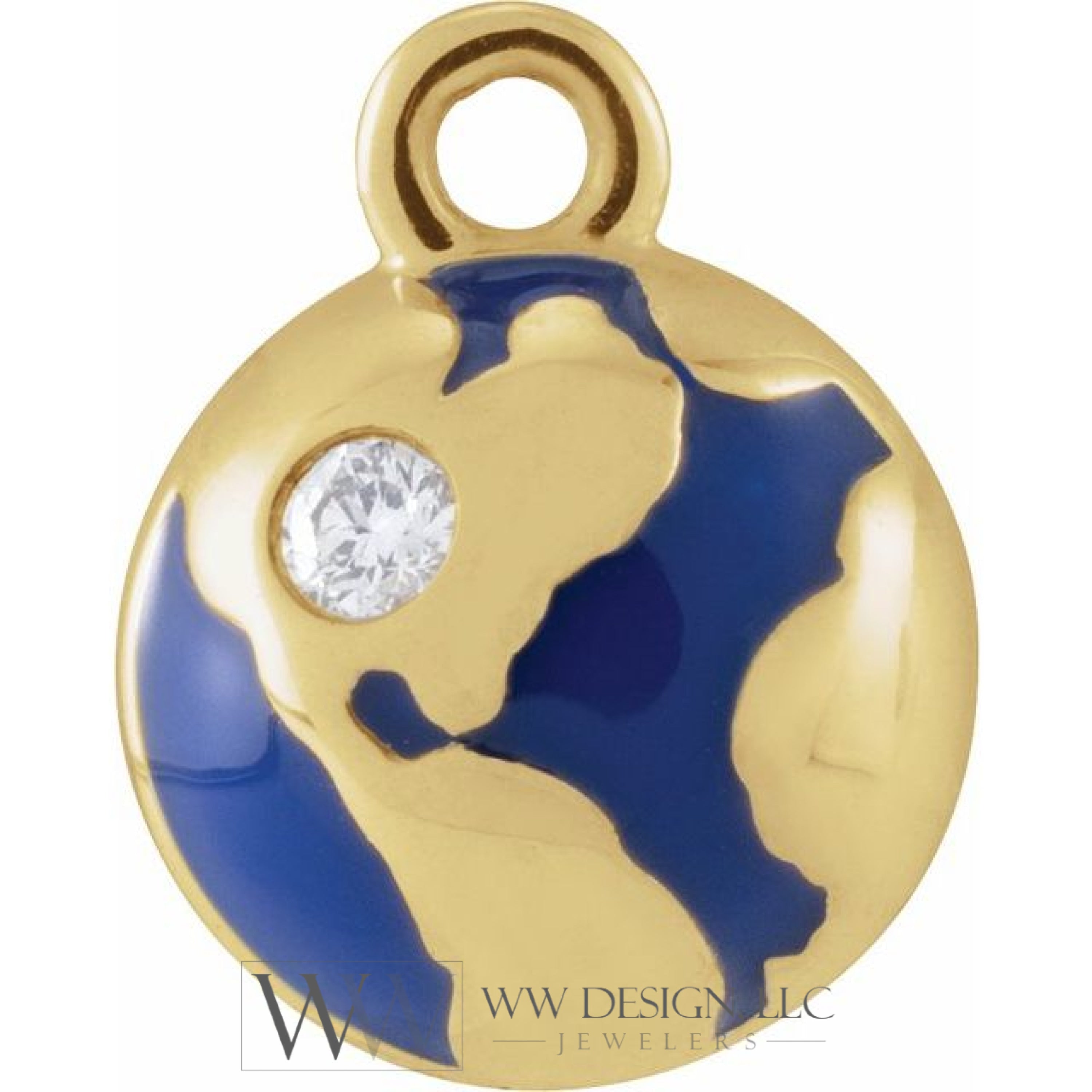 .015 CT Natural Diamond Blue Enamel Globe Dangle Charm - 14k Gold (Y, W, R)