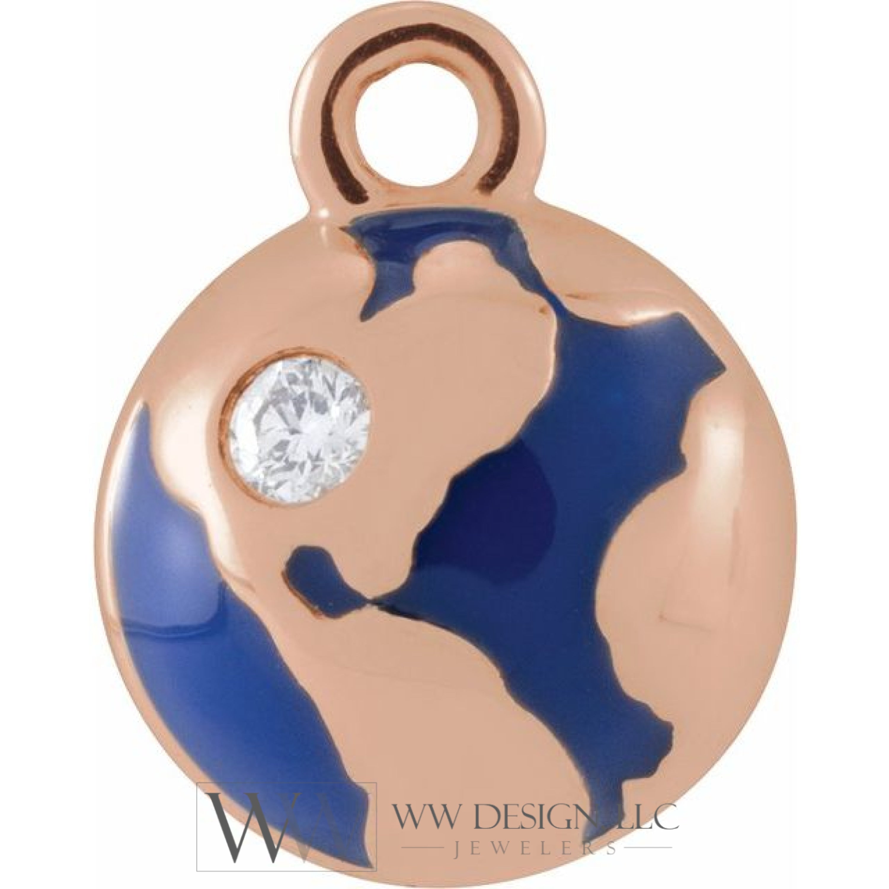 .015 CT Natural Diamond Blue Enamel Globe Dangle Charm - 14k Gold (Y, W, R)