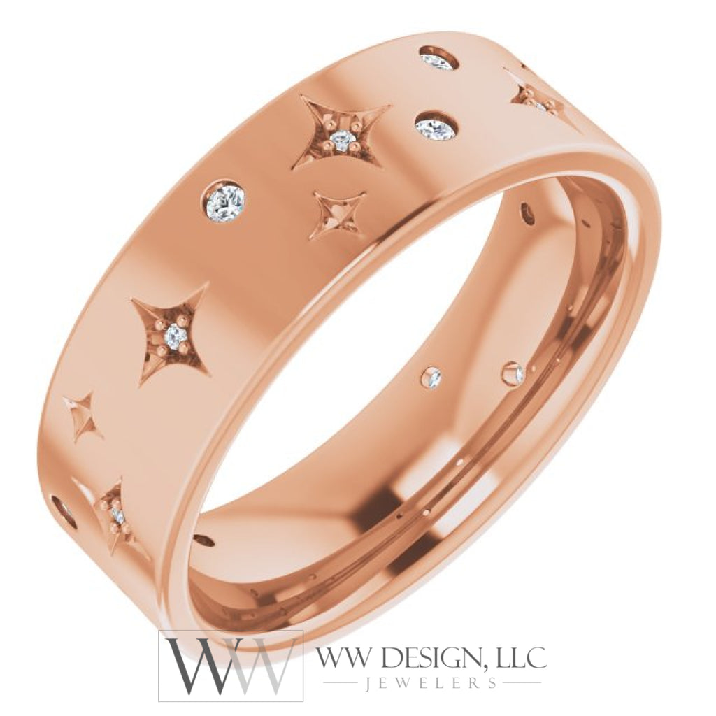 1/8 CTW Natural Diamond Celestial Wedding Anniversary Band Stackable Ring - 14k Gold (Y, W or R), Platinum