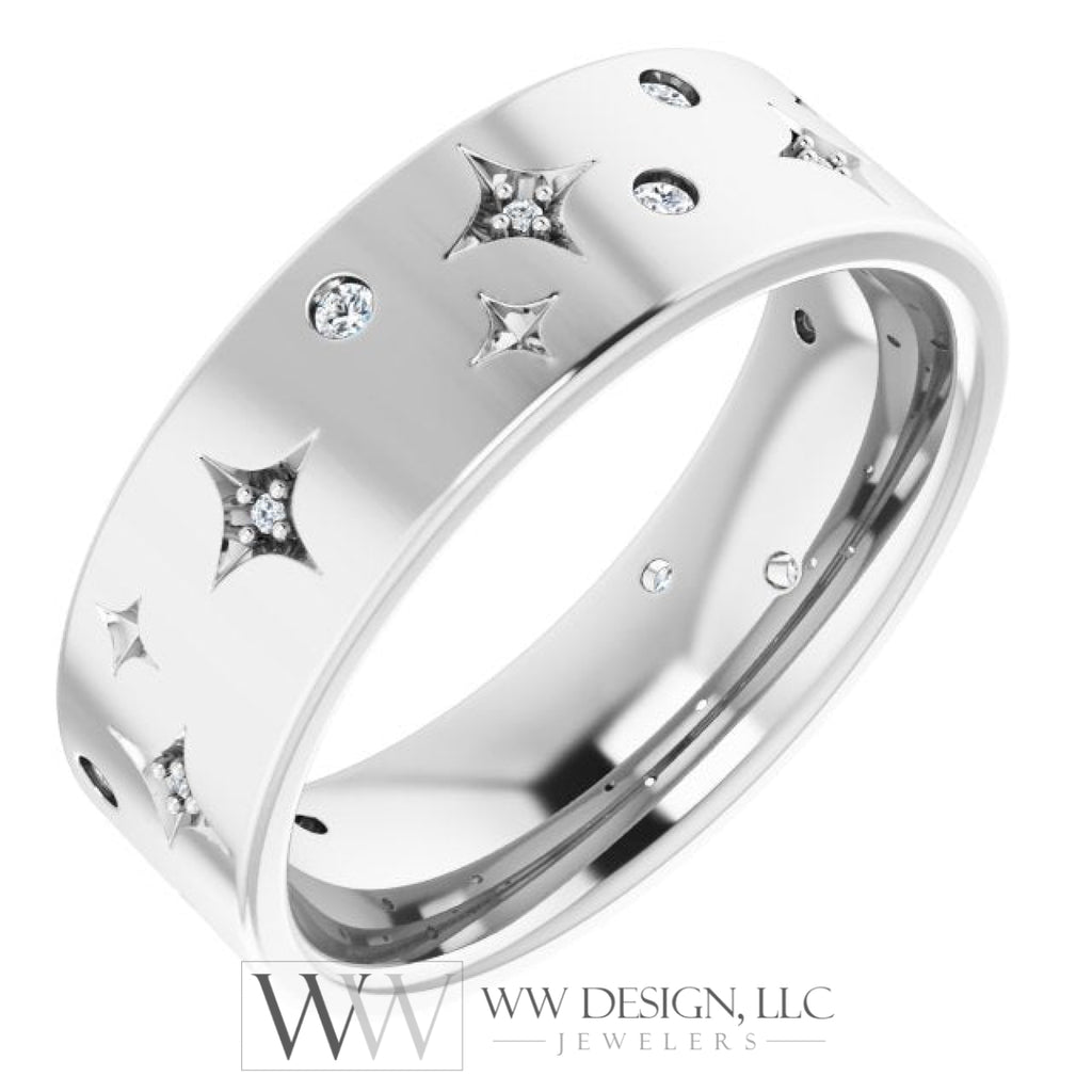 1/8 CTW Natural Diamond Celestial Wedding Anniversary Band Stackable Ring - 14k Gold (Y, W or R), Platinum