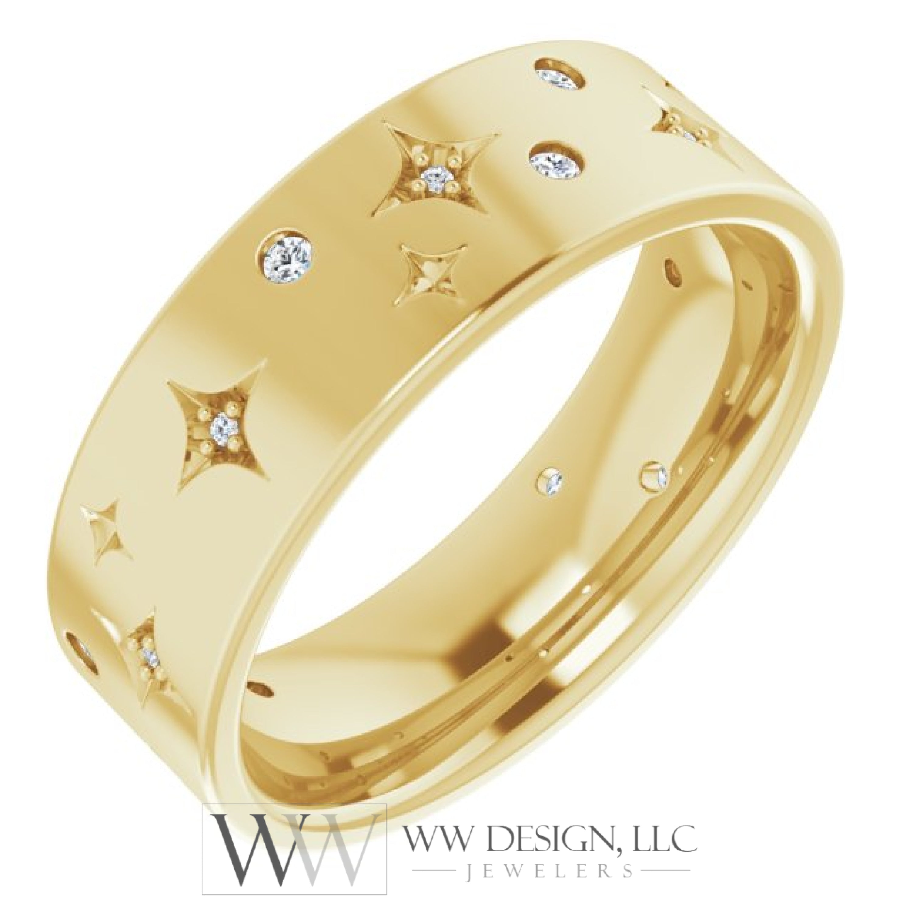1/8 CTW Natural Diamond Celestial Wedding Anniversary Band Stackable Ring - 14k Gold (Y, W or R), Platinum