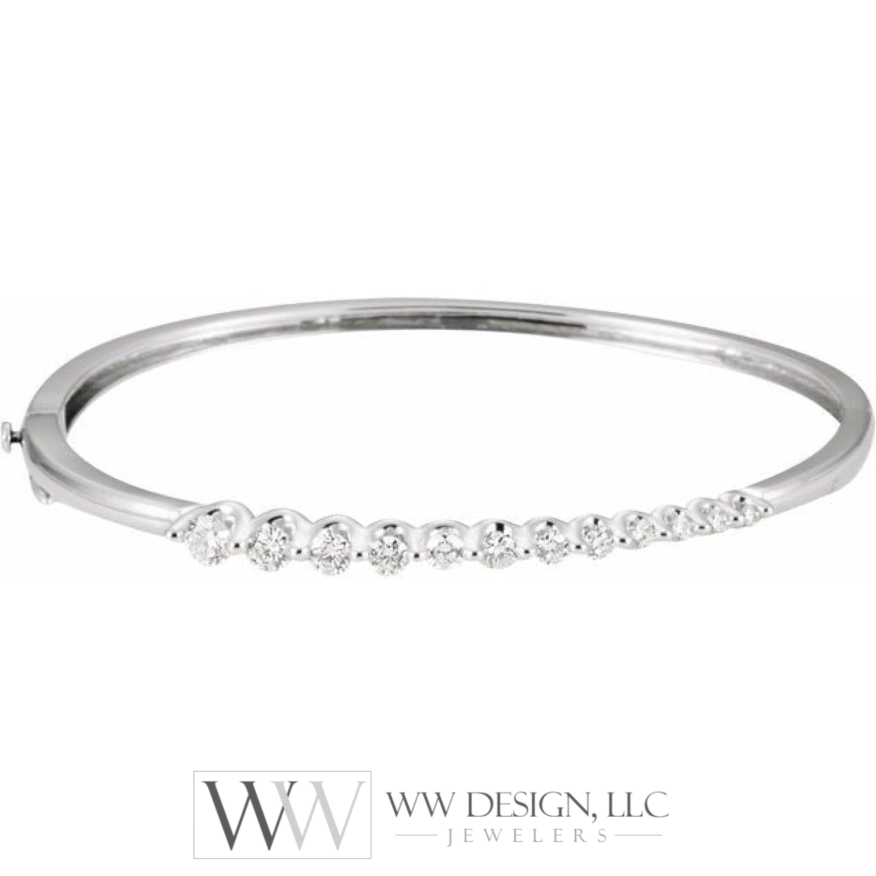 1 Ctw Natural Diamond Journey Hinged Bangle 6 1/2 Bracelet - 14K White Gold Bracelet