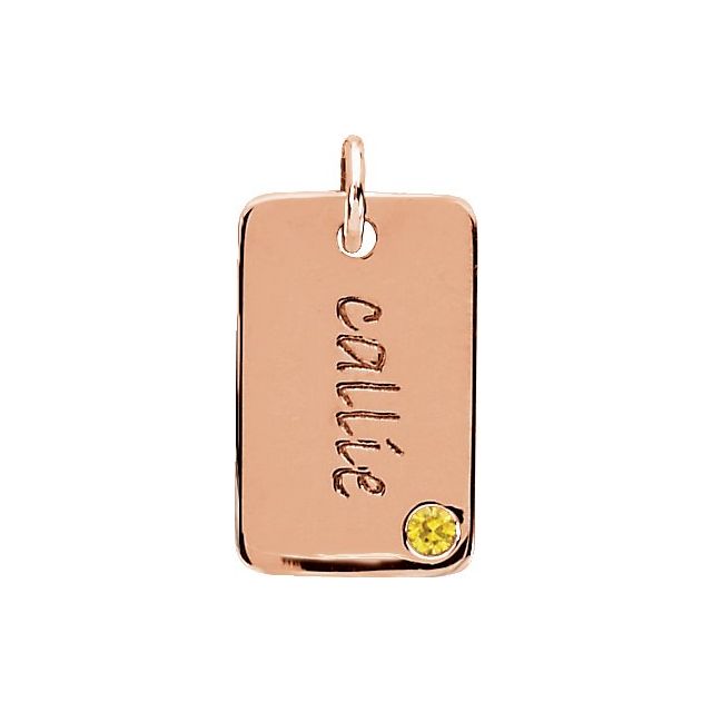 Engravable Mini Dog Tag Pendant 16x10mm Set with 2mm Emerald, Diamond, Sapphire (Blue, Yellow, White or Pink), or Ruby - 14k Gold (Y, W, R), Sterling Silver