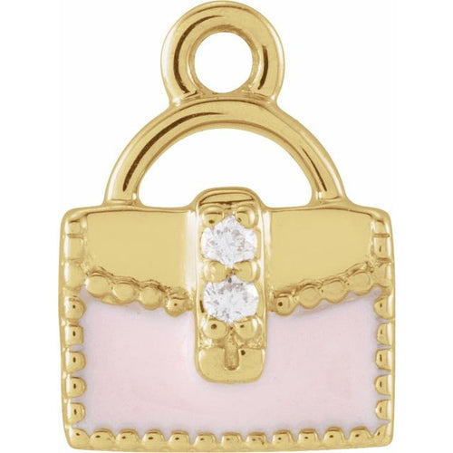 .01 CTW Natural Diamond Pink Enamel Purse Dangle Charm - 14k Gold (Y, W, R)