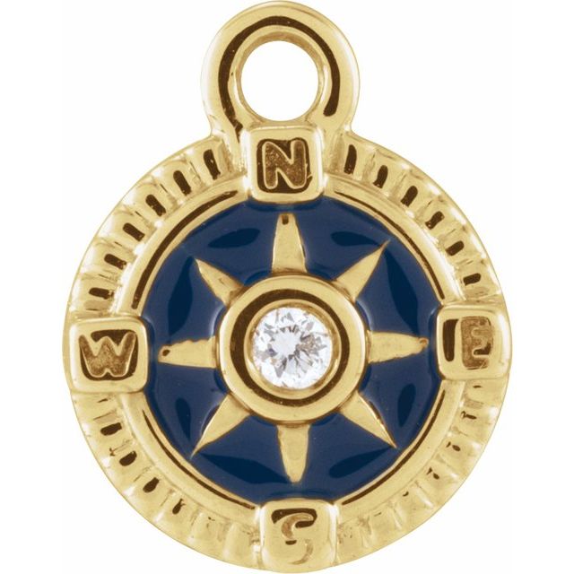 .01 Ct Natural Diamond Blue Enamel Compass Dangle Charm - 14K Gold (Y W R) /