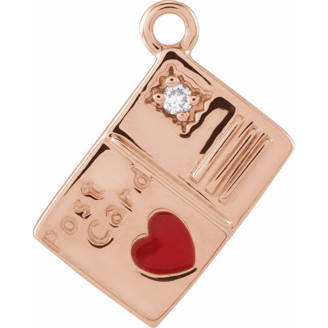 .008 CT Natural Diamond Red Heart Enamel Postcard Dangle - 14k Gold (Y, W, R)