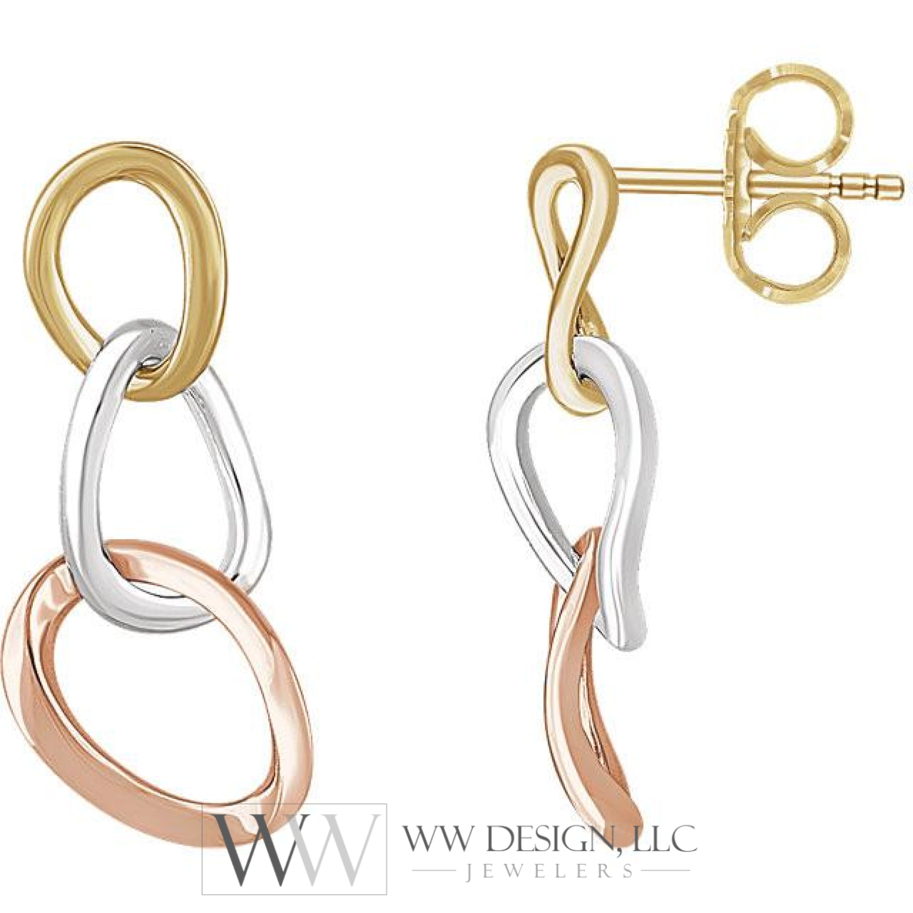 14K Yellow, White, & Rose Geometric Drop Earrings