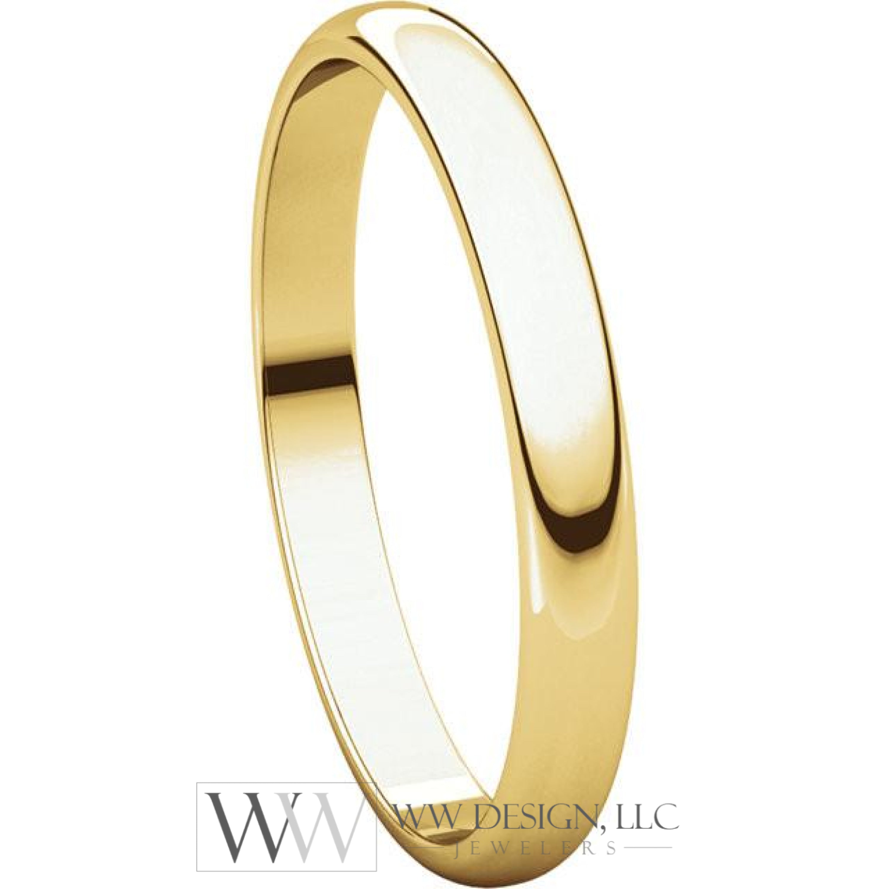 2.5mm Half Round Light Wedding Band Stackable Ring - 14k Gold (Y, W, or R), Palladium, Platinum, Sterling Silver