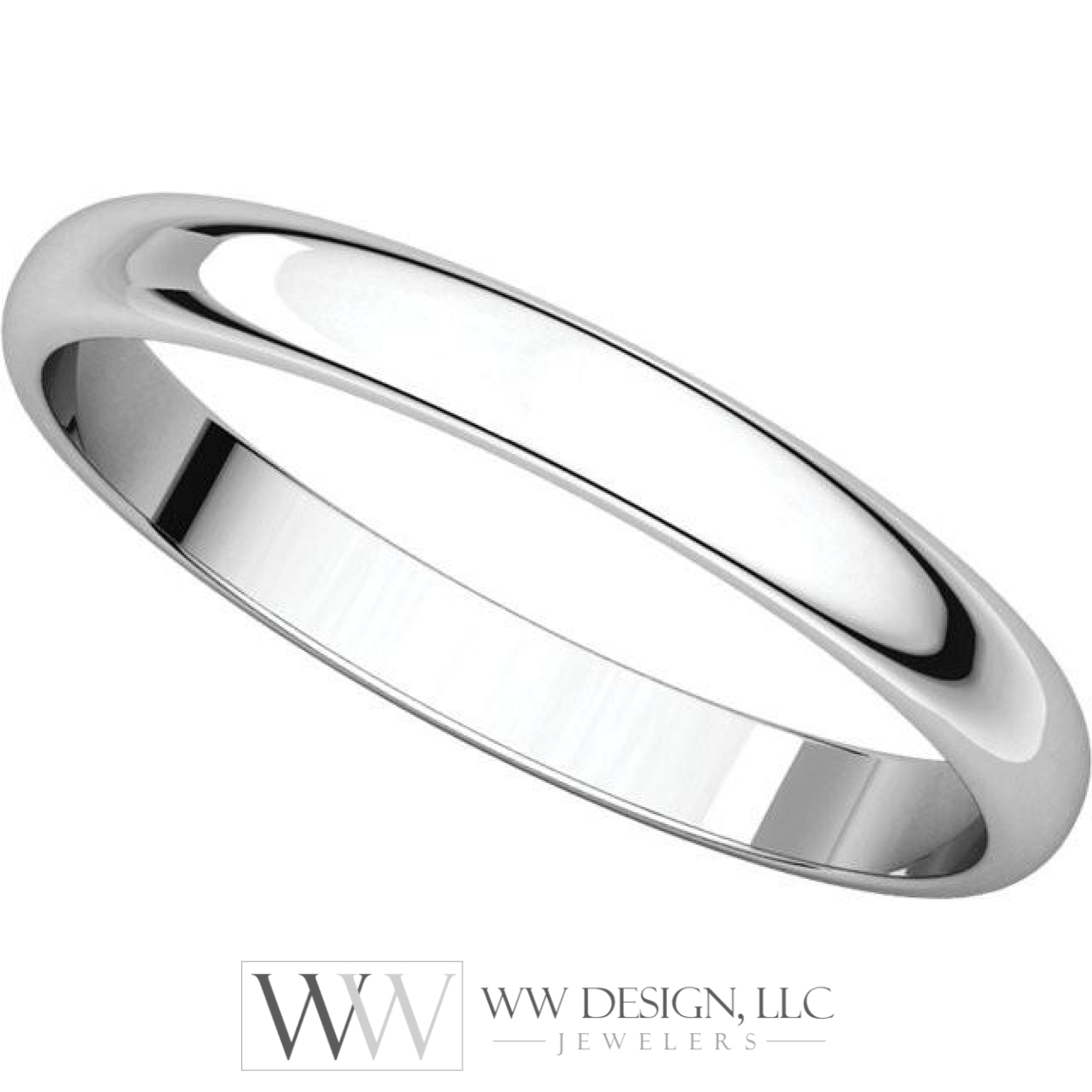2.5mm Half Round Light Wedding Band Stackable Ring - 14k Gold (Y, W, or R), Palladium, Platinum, Sterling Silver