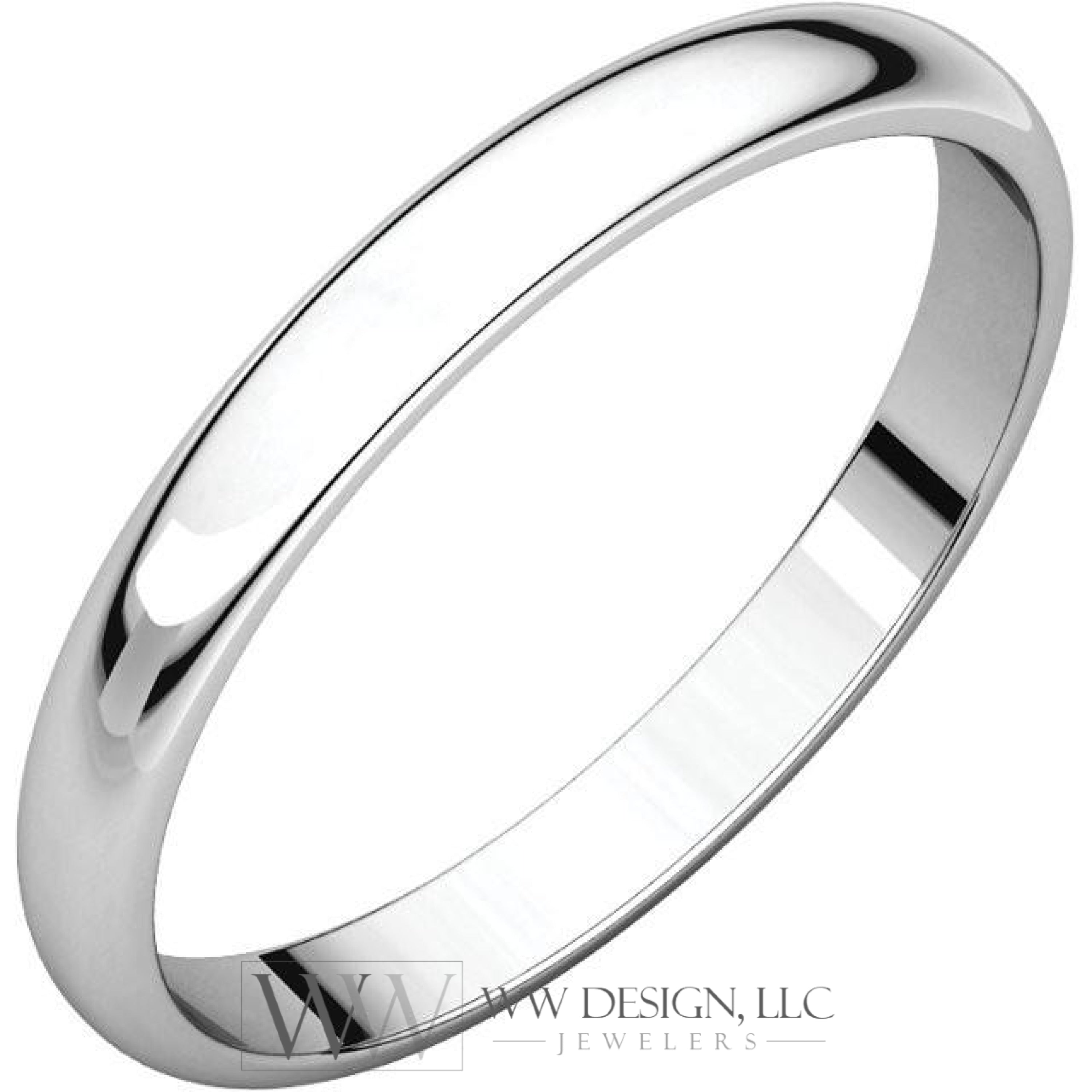 2.5mm Half Round Light Wedding Band Stackable Ring - 14k Gold (Y, W, or R), Palladium, Platinum, Sterling Silver