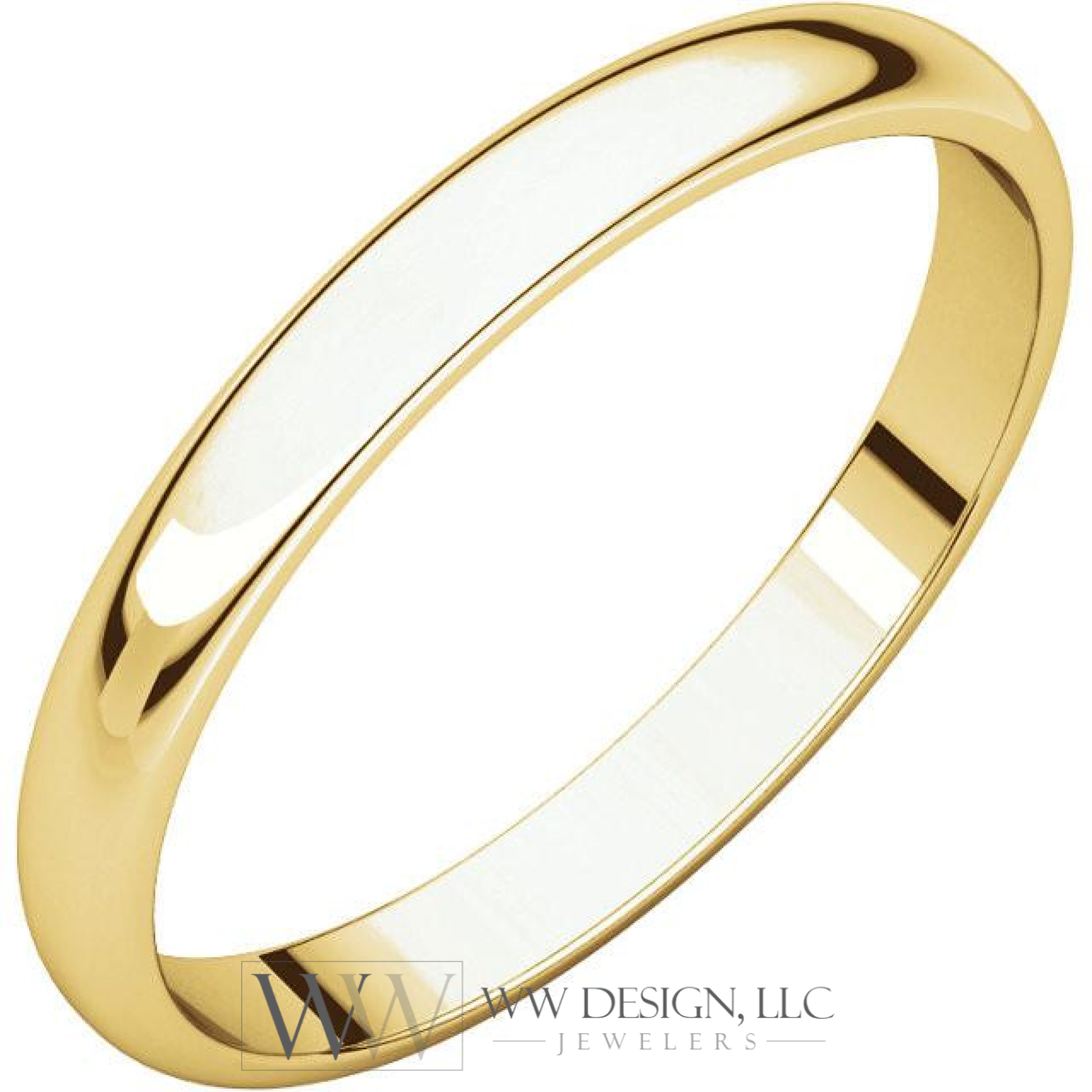 2.5mm Half Round Light Wedding Band Stackable Ring - 14k Gold (Y, W, or R), Palladium, Platinum, Sterling Silver