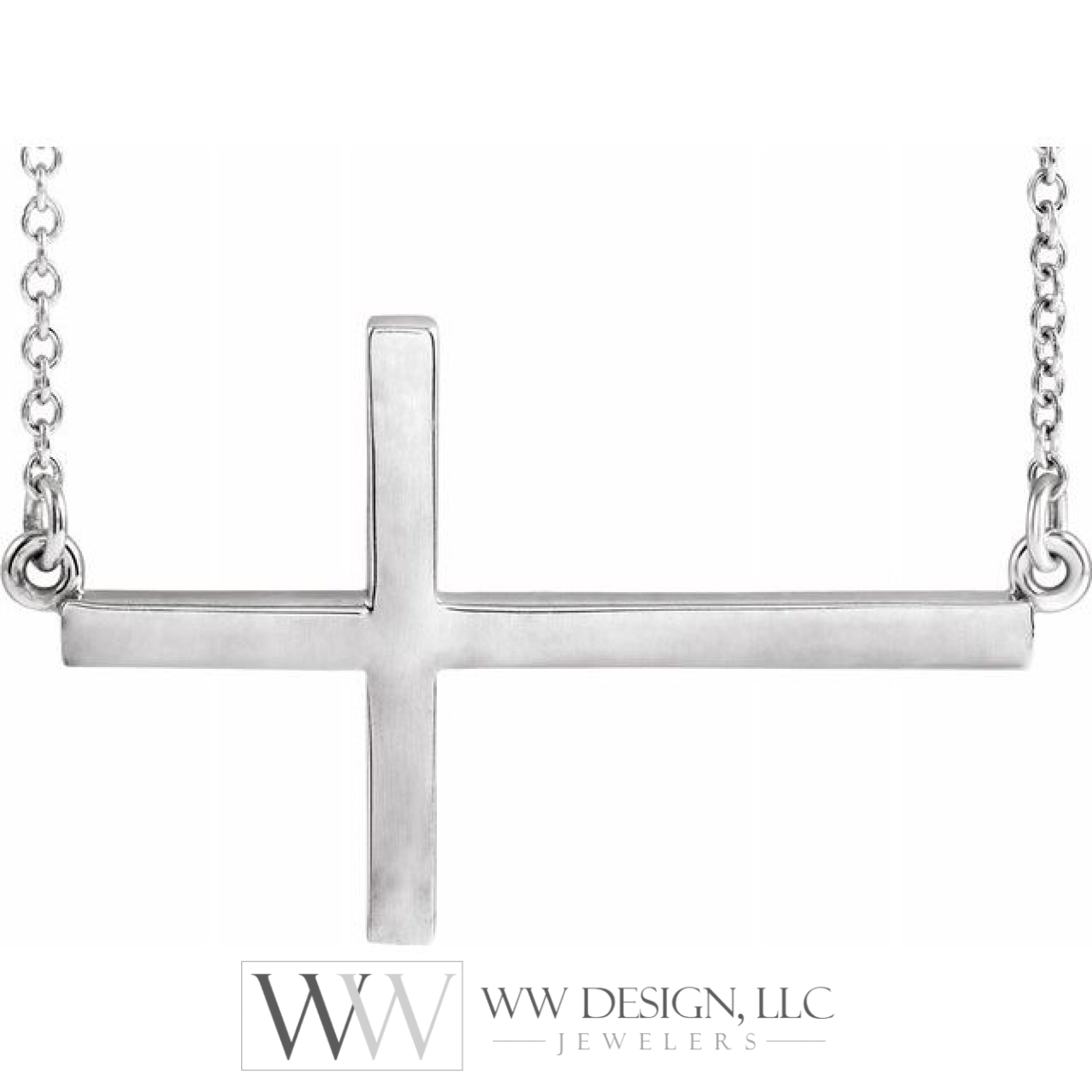 28x16.2 mm Sideways Cross 16-18" Necklace - 14K Gold (Y, W, or R), or Sterling Silver