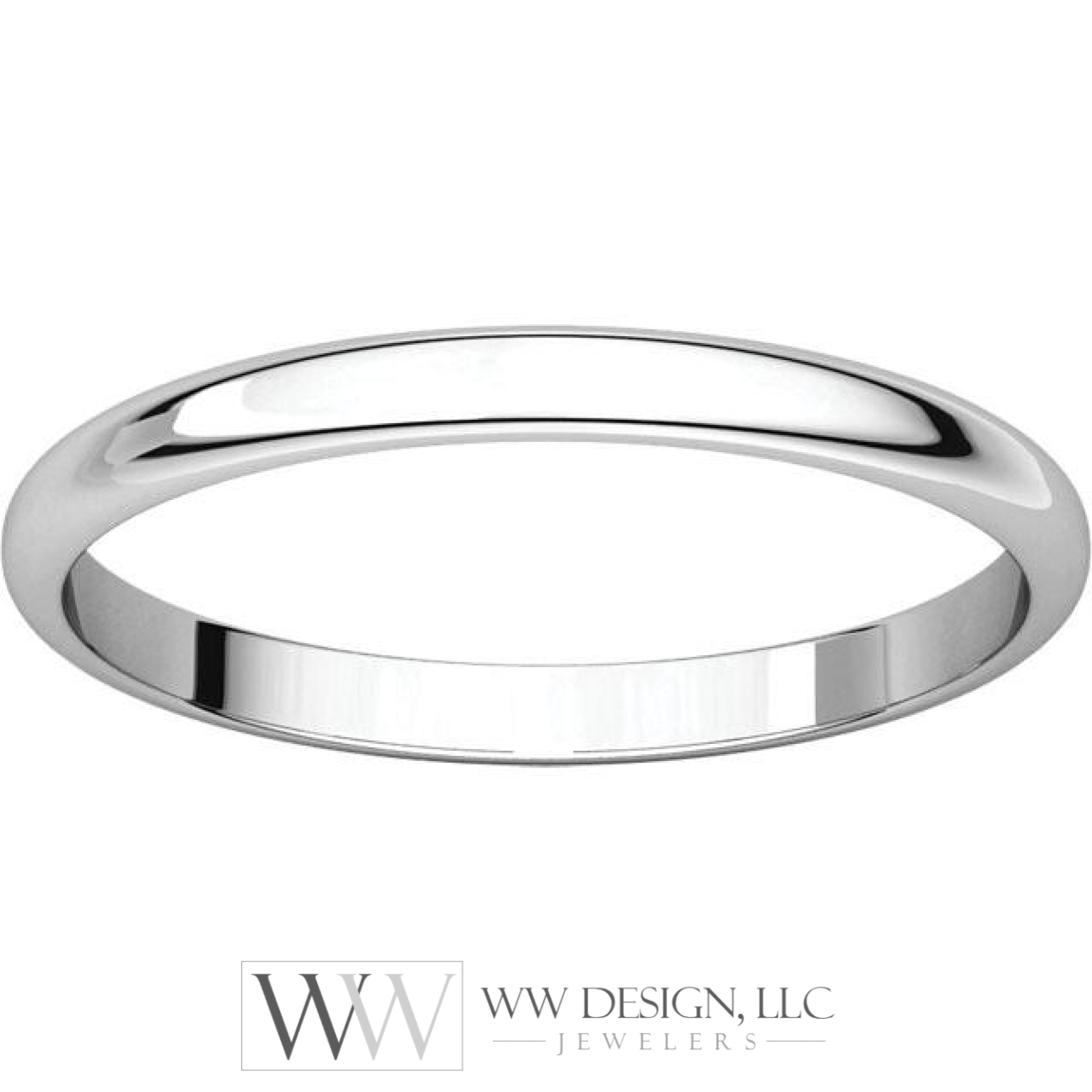 2mm Half Round Light Wedding Band Stackable Ring - 14k Gold (Y, W, or R), Palladium, Platinum, Sterling Silver