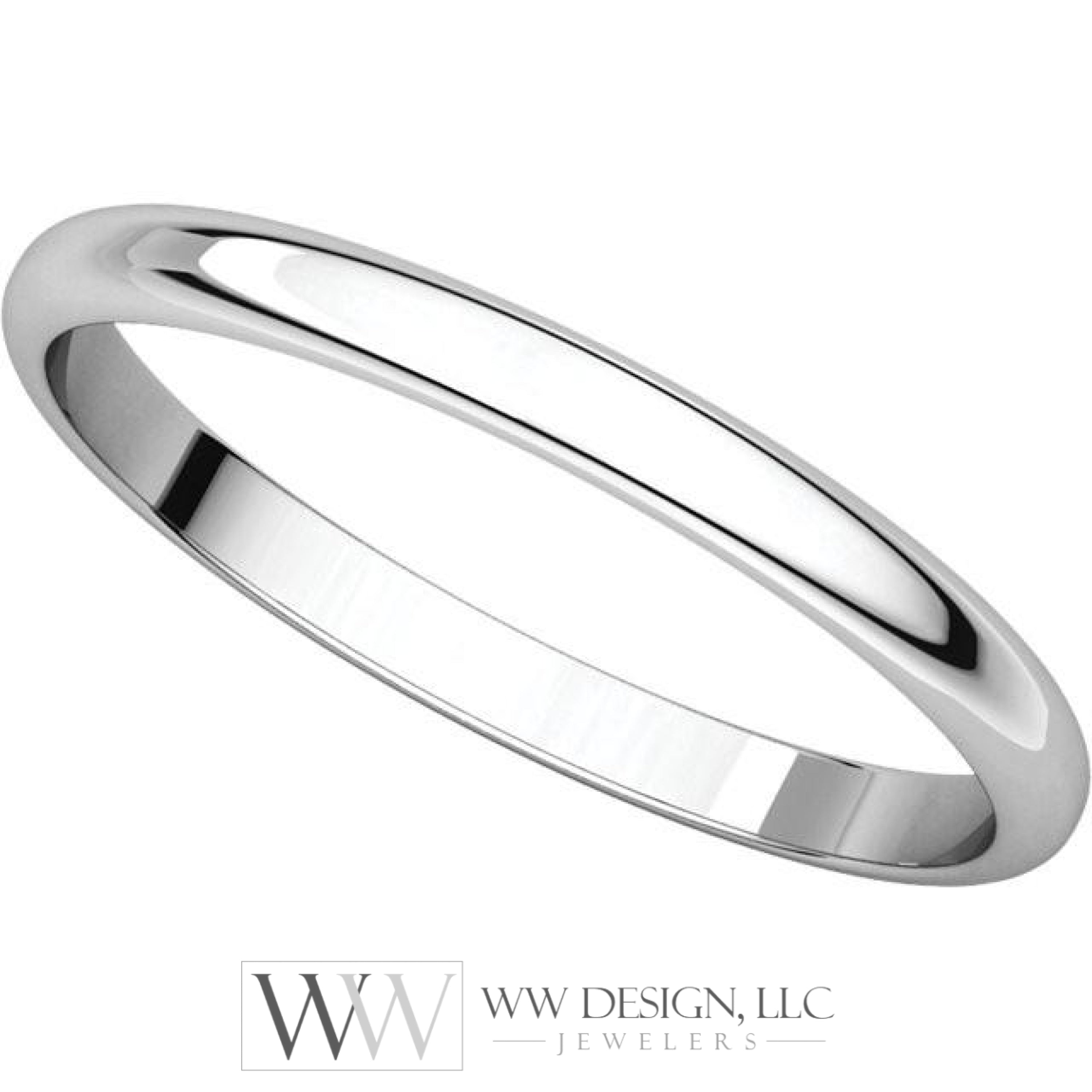 2mm Half Round Light Wedding Band Stackable Ring - 14k Gold (Y, W, or R), Palladium, Platinum, Sterling Silver