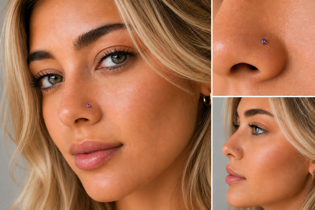 Purple Diamond Nose Stud 2mm - Gold or Platinum - Nose, Helix, Tragus, Lobe or Cartilage
