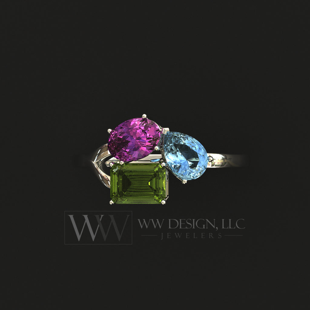 Birthstone 3-Stone Ring with Aquamarine, Peridot, Pink Tourmaline Three-Stone Ring - Customizable - 14k Gold (Y, W or R), Platinum