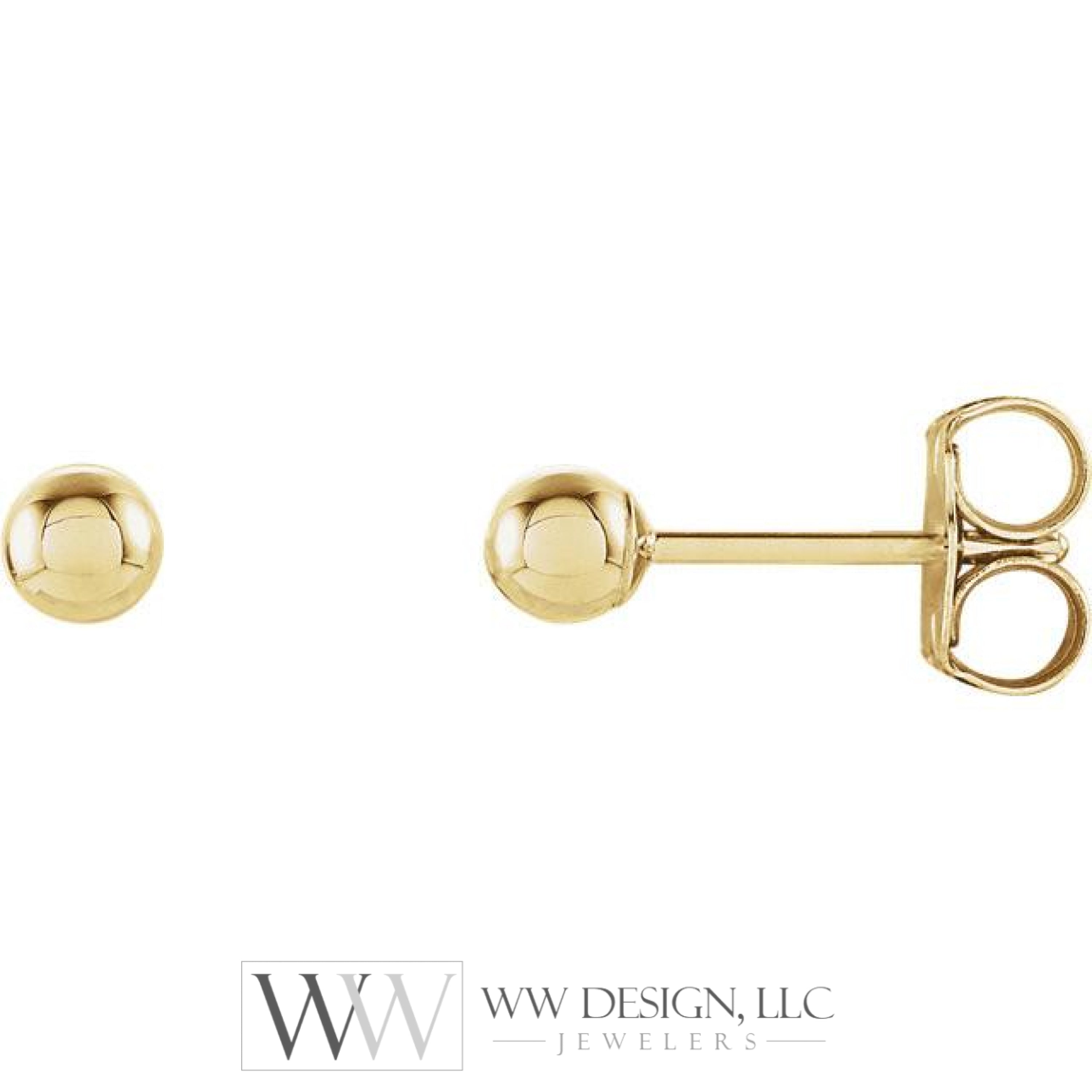3mm Ball Earrings with Bright Finish - 14K Gold (Yellow or White)