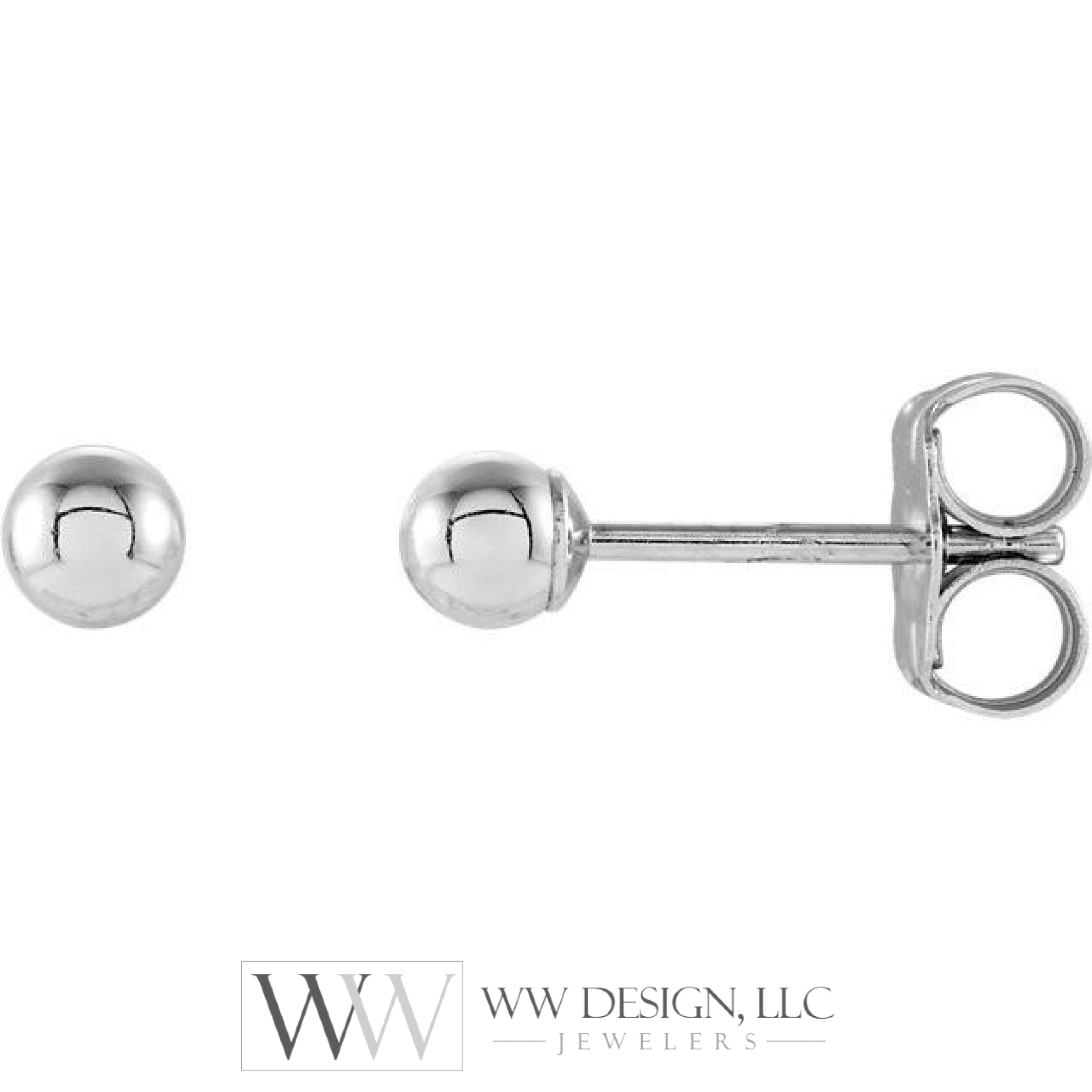3mm Ball Earrings with Bright Finish - 14K Gold (Yellow or White)