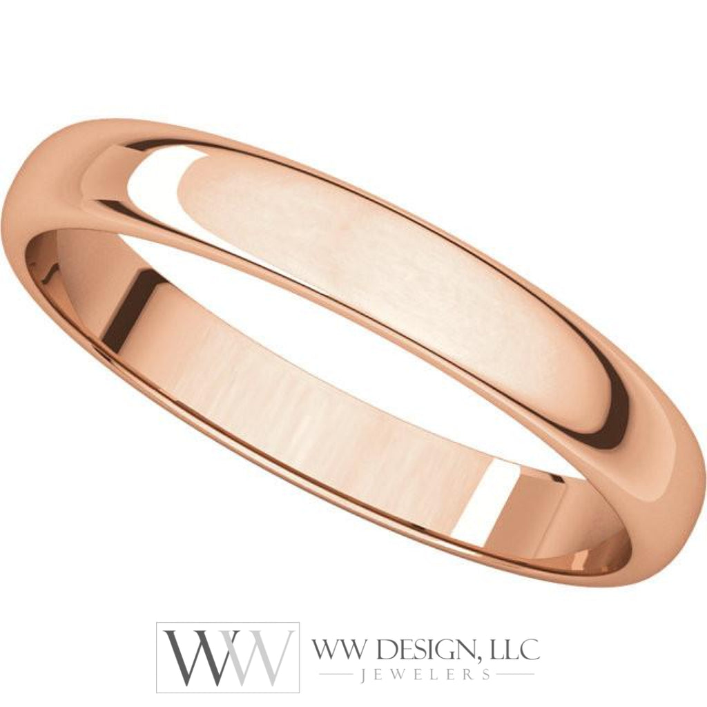 3mm Half Round Light Wedding Band Stackable Ring - 14k Gold (Y, W, or R), Palladium, Platinum, Sterling Silver