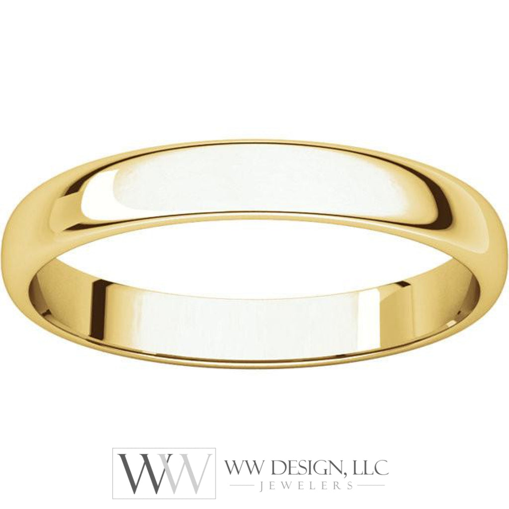 3mm Half Round Light Wedding Band Stackable Ring - 14k Gold (Y, W, or R), Palladium, Platinum, Sterling Silver