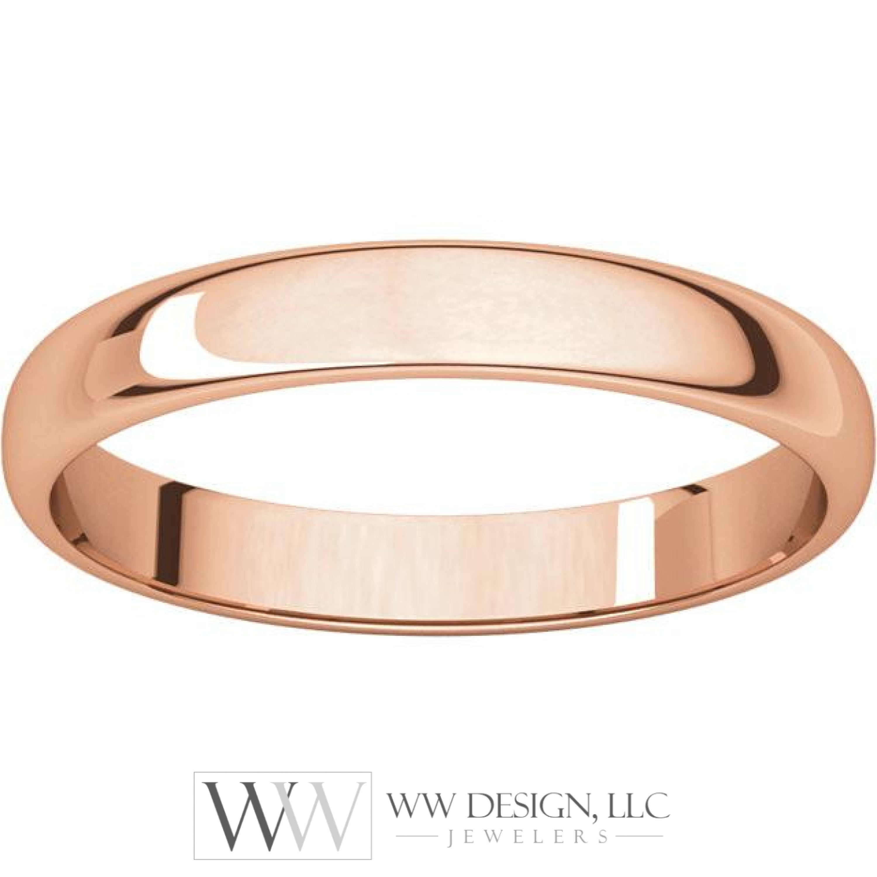 3mm Half Round Light Wedding Band Stackable Ring - 14k Gold (Y, W, or R), Palladium, Platinum, Sterling Silver