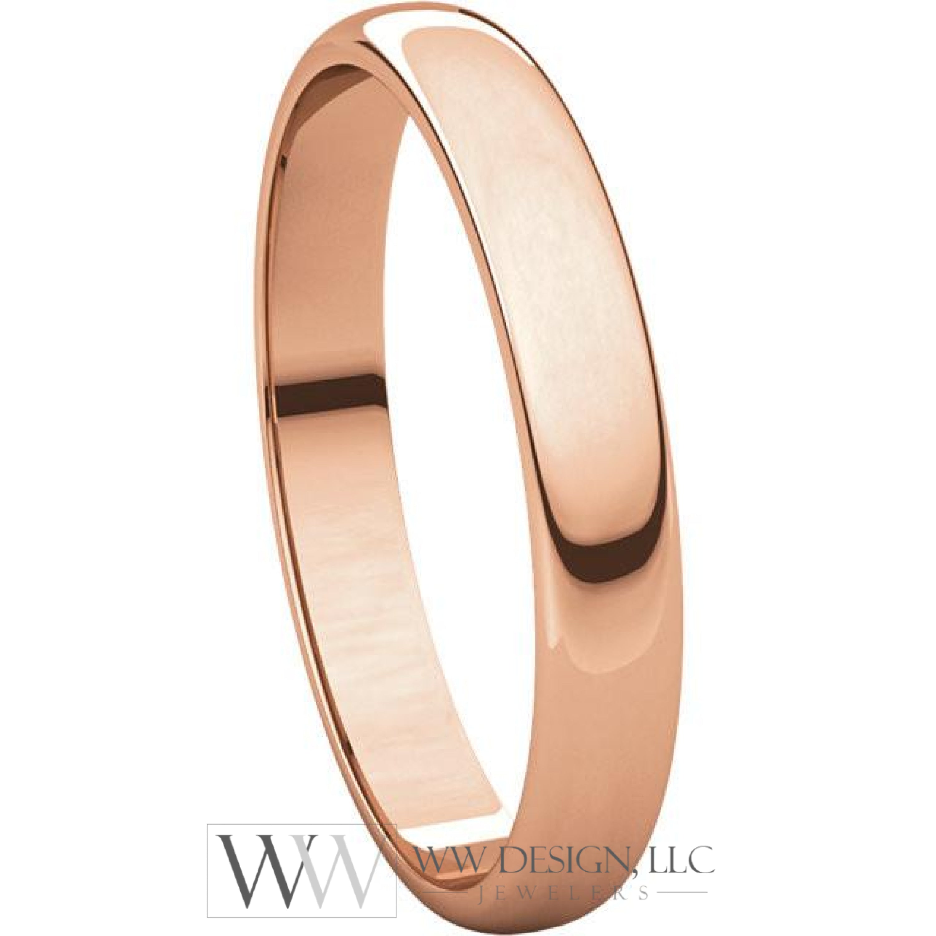 3mm Half Round Light Wedding Band Stackable Ring - 14k Gold (Y, W, or R), Palladium, Platinum, Sterling Silver