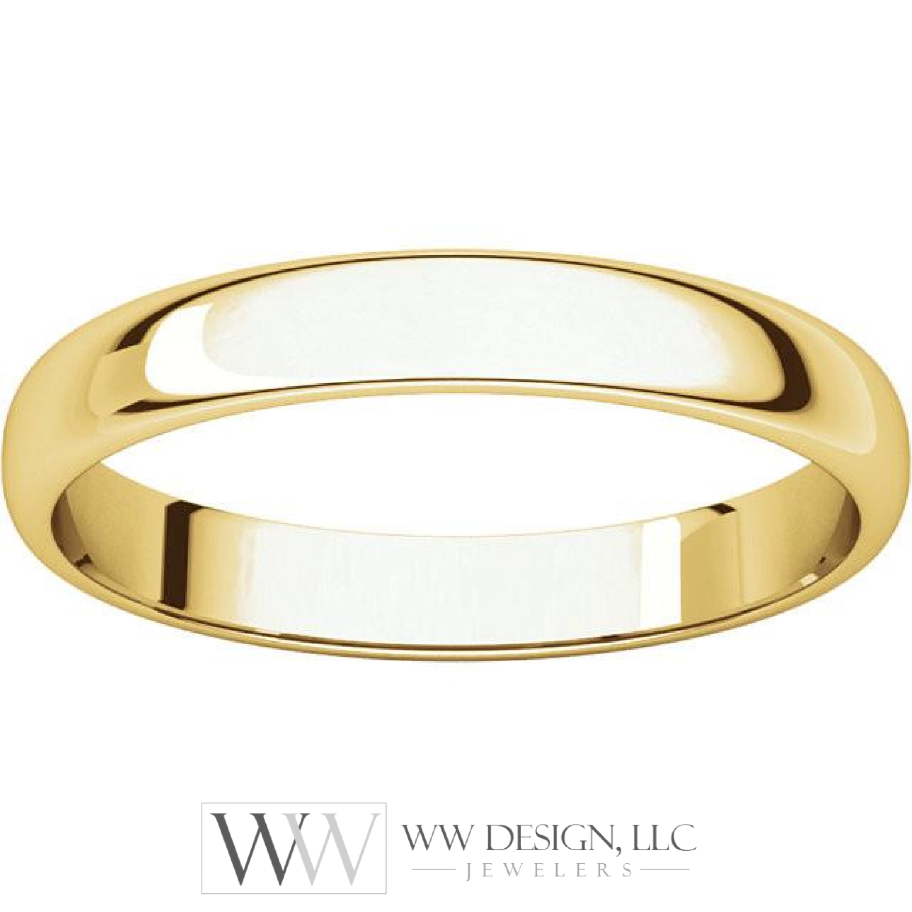 3mm Half Round Light Wedding Band Stackable Ring - 14k Gold (Y, W, or R), Palladium, Platinum, Sterling Silver