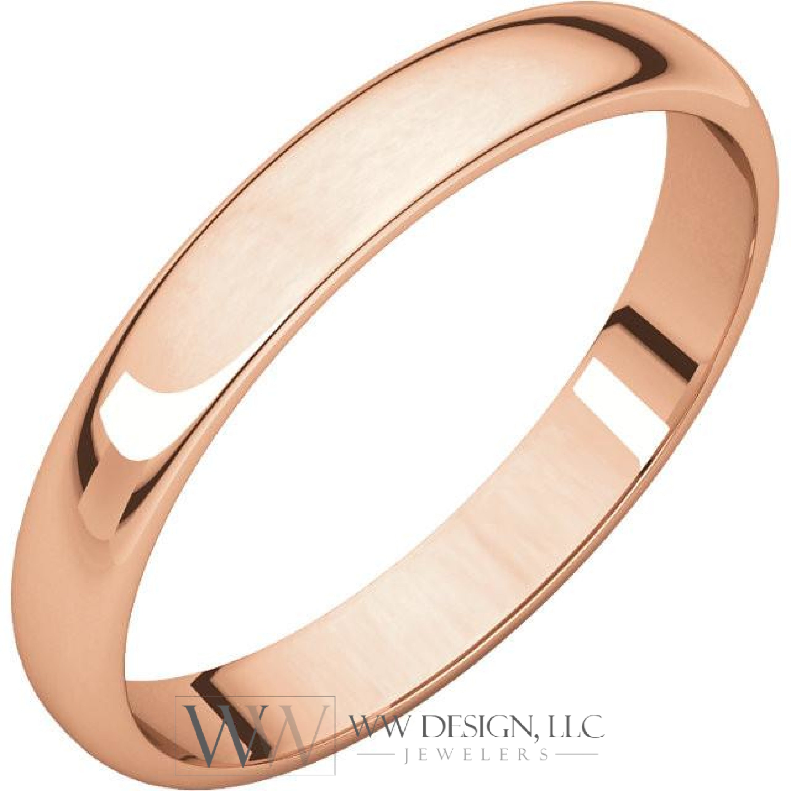 3mm Half Round Light Wedding Band Stackable Ring - 14k Gold (Y, W, or R), Palladium, Platinum, Sterling Silver