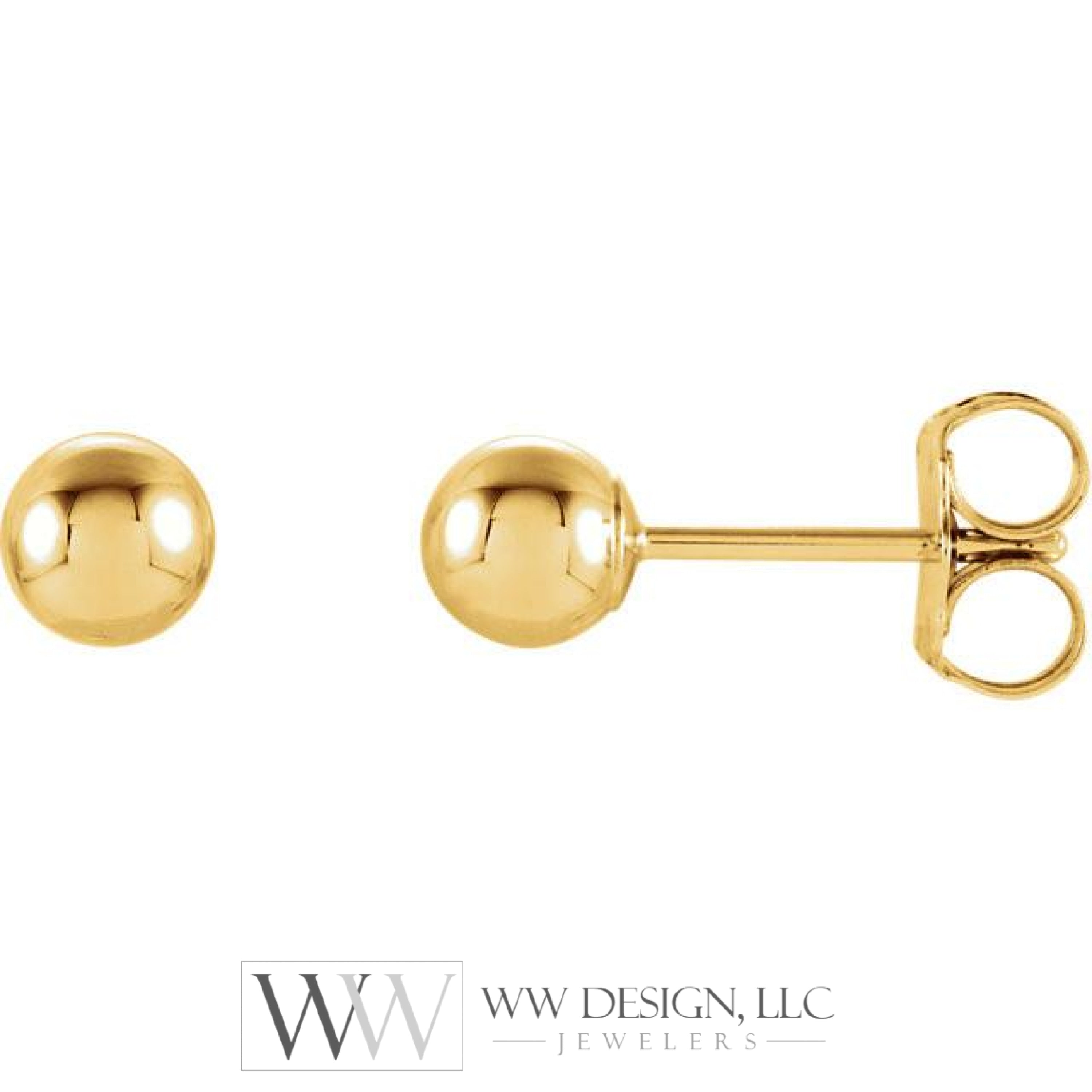 4mm Ball Earrings with Bright Finish - 14K Gold (Yellow or White)