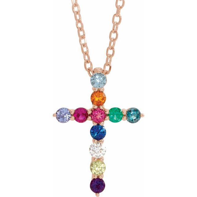 14K Rose Natural Multi-Gemstone & .03 CT Natural Diamond Cross 16-18" Necklace
