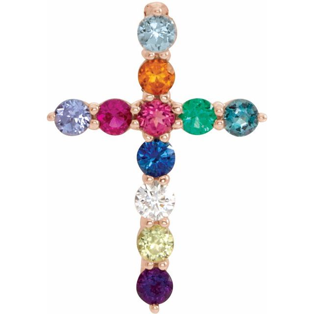 14K Rose Natural Multi-Gemstone & .03 CT Natural Diamond Cross 16-18" Necklace