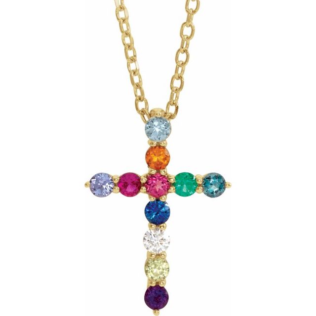 14K Yellow Natural Multi-Gemstone & .03 CT Natural Diamond Cross 16-18" Necklace