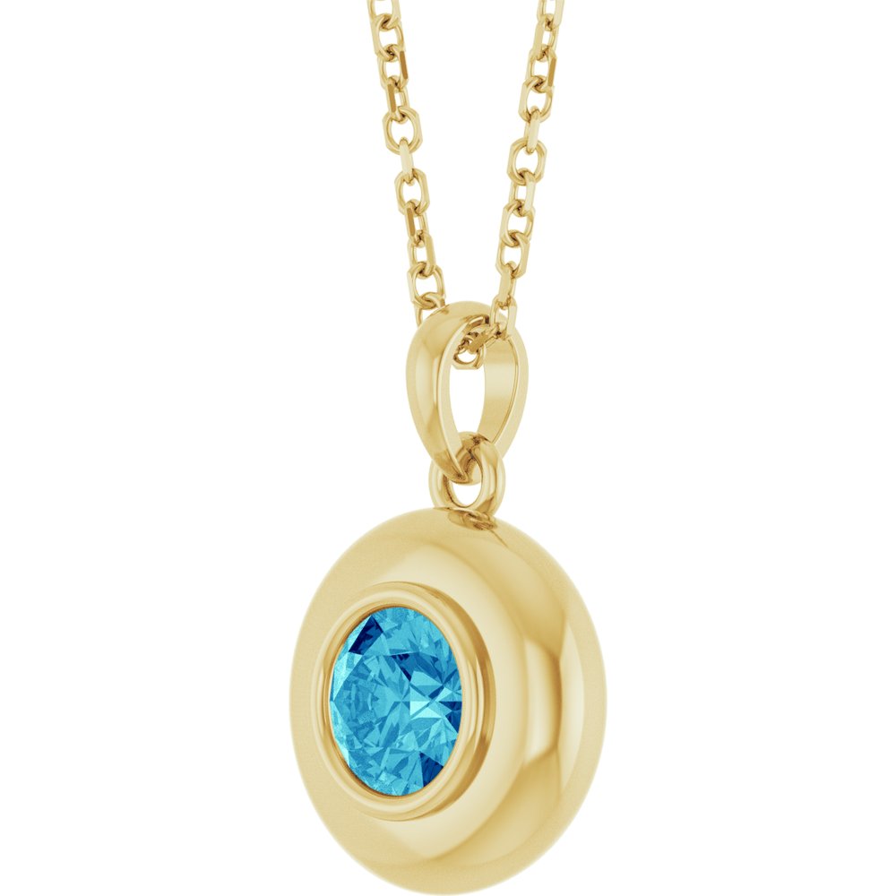 Natural Round Blue Zircon Bubble Button Solitaire 16-18" Necklace or Pendant - 14k Gold (Yellow, Rose or White), Platinum or Sterling Silver