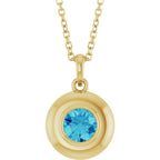 Natural Round Blue Zircon Bubble Button Solitaire 16-18" Necklace or Pendant - 14k Gold (Yellow, Rose or White), Platinum or Sterling Silver