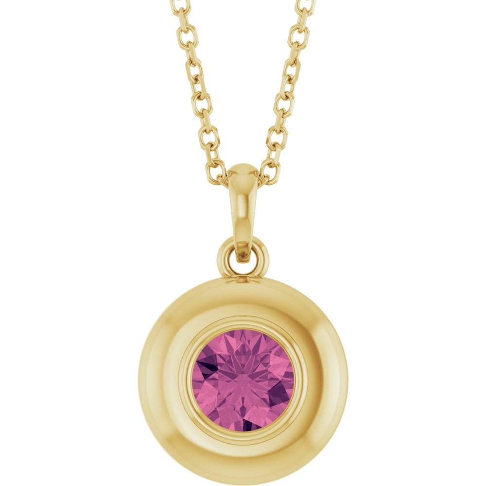 Natural Round Pink Tourmaline Bubble Button Solitaire 16-18" Necklace or Pendant - 14k Gold (Yellow, Rose or White), Platinum or Sterling Silver