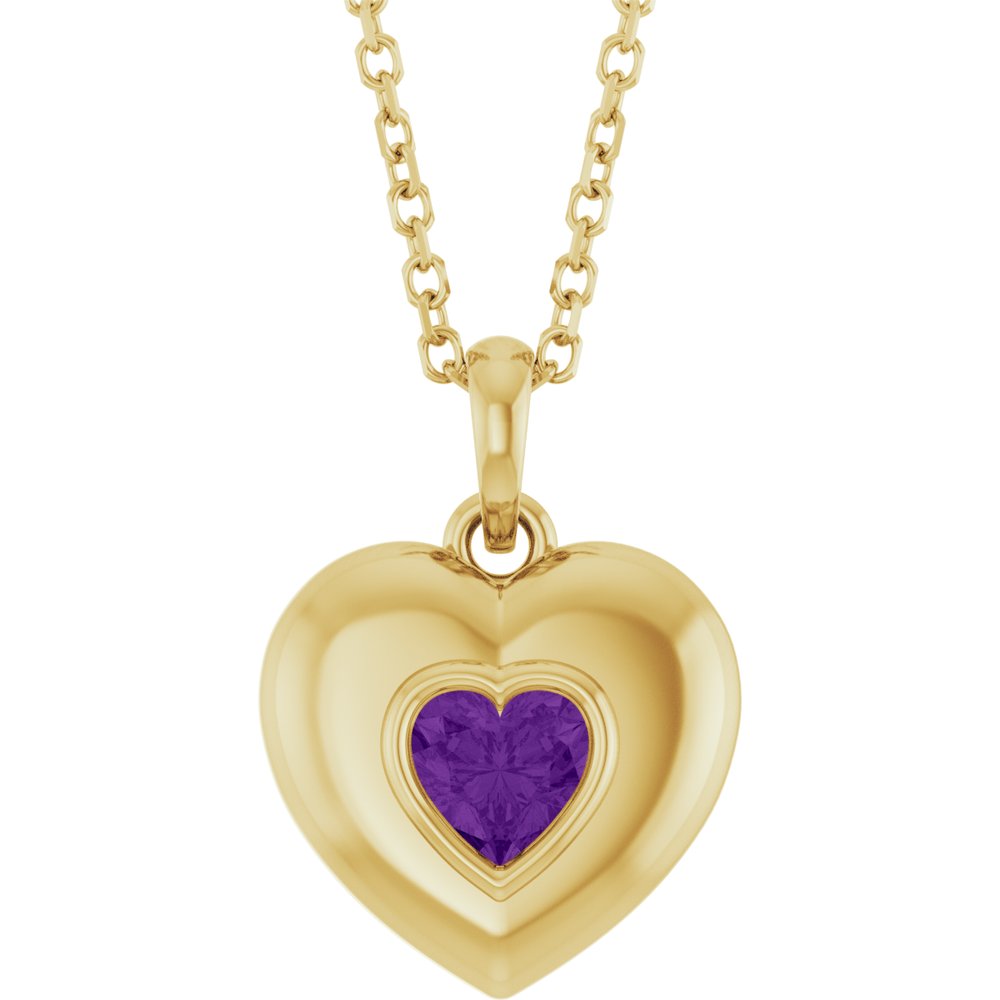 Natural Heart Amethyst Bubble Button Solitaire 16-18" Necklace or Pendant - 14k Gold (Yellow, Rose or White), Platinum or Sterling Silver