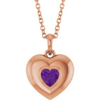 Natural Heart Amethyst Bubble Button Solitaire 16-18" Necklace or Pendant - 14k Gold (Yellow, Rose or White), Platinum or Sterling Silver