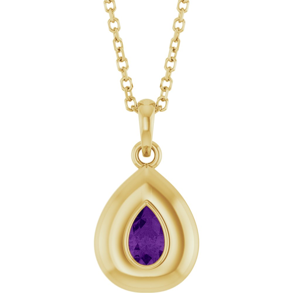 Natural Pear Amethyst Bubble Button Solitaire 16-18" Necklace or Pendant - 14k Gold (Yellow, Rose or White), Platinum or Sterling Silver