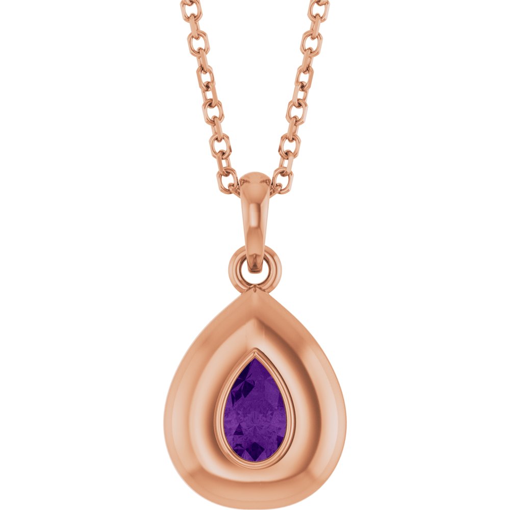 Natural Pear Amethyst Bubble Button Solitaire 16-18" Necklace or Pendant - 14k Gold (Yellow, Rose or White), Platinum or Sterling Silver