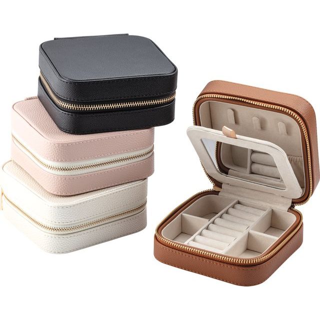 Leatherette Jewelry Case with Mirror - Black, Brown, Pink, or Cream