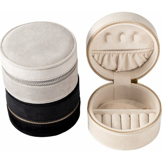 Velvet Round Jewelry Travel Case - Black, Cream or Gray