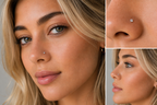 A close-up of a woman's face, including her nose and lips, with a diamond nose piercing.