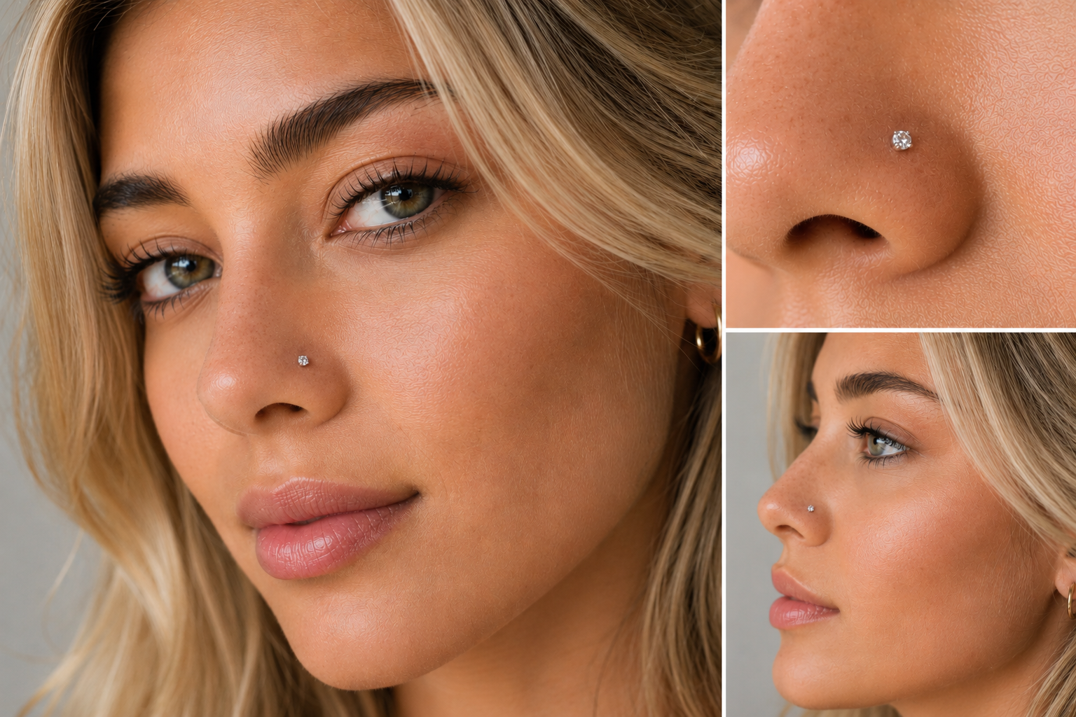A close-up of a woman's face, including her nose and lips, with a diamond nose piercing.