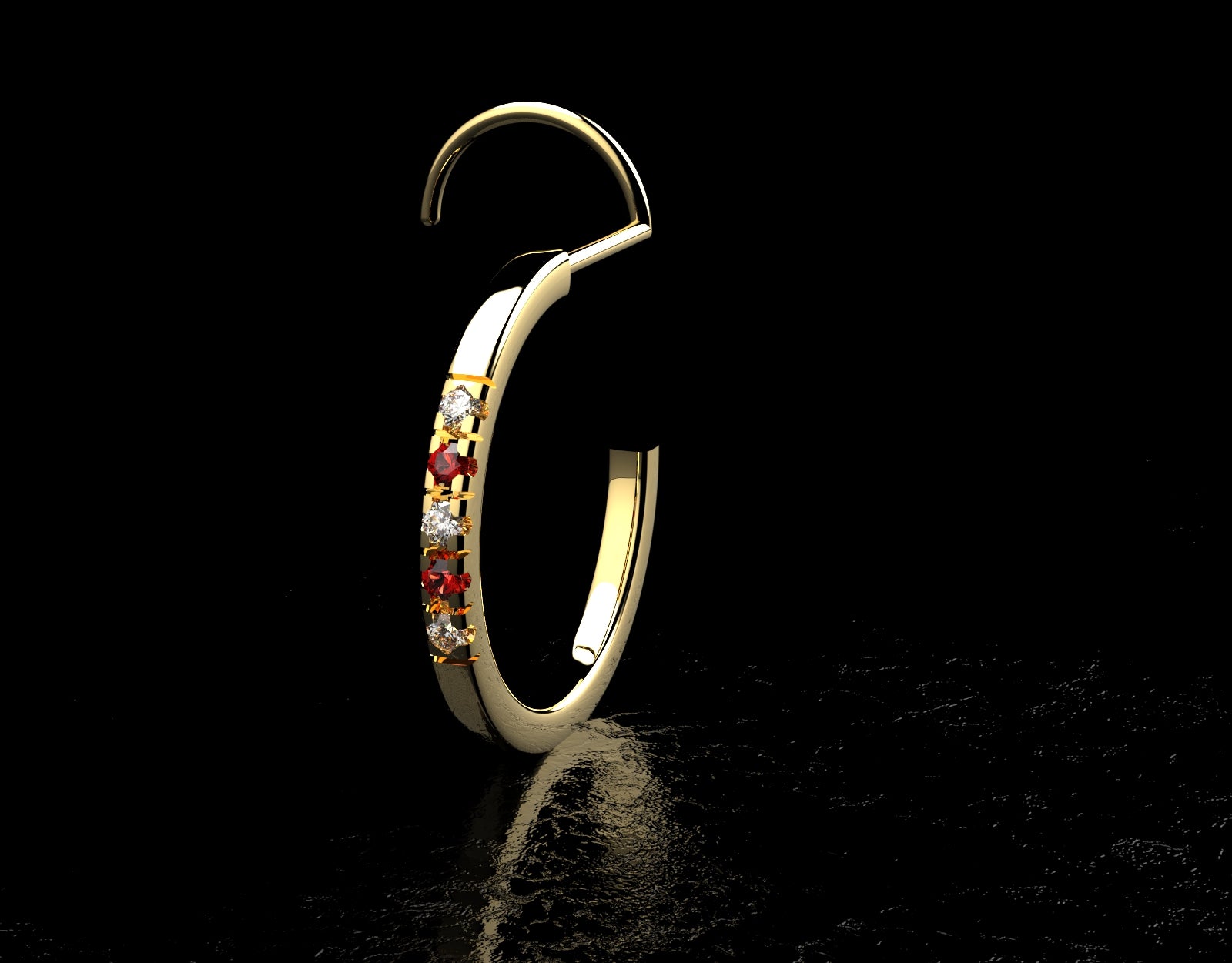 Gold Nose Ring with Diamonds and Rhodolite Garnets