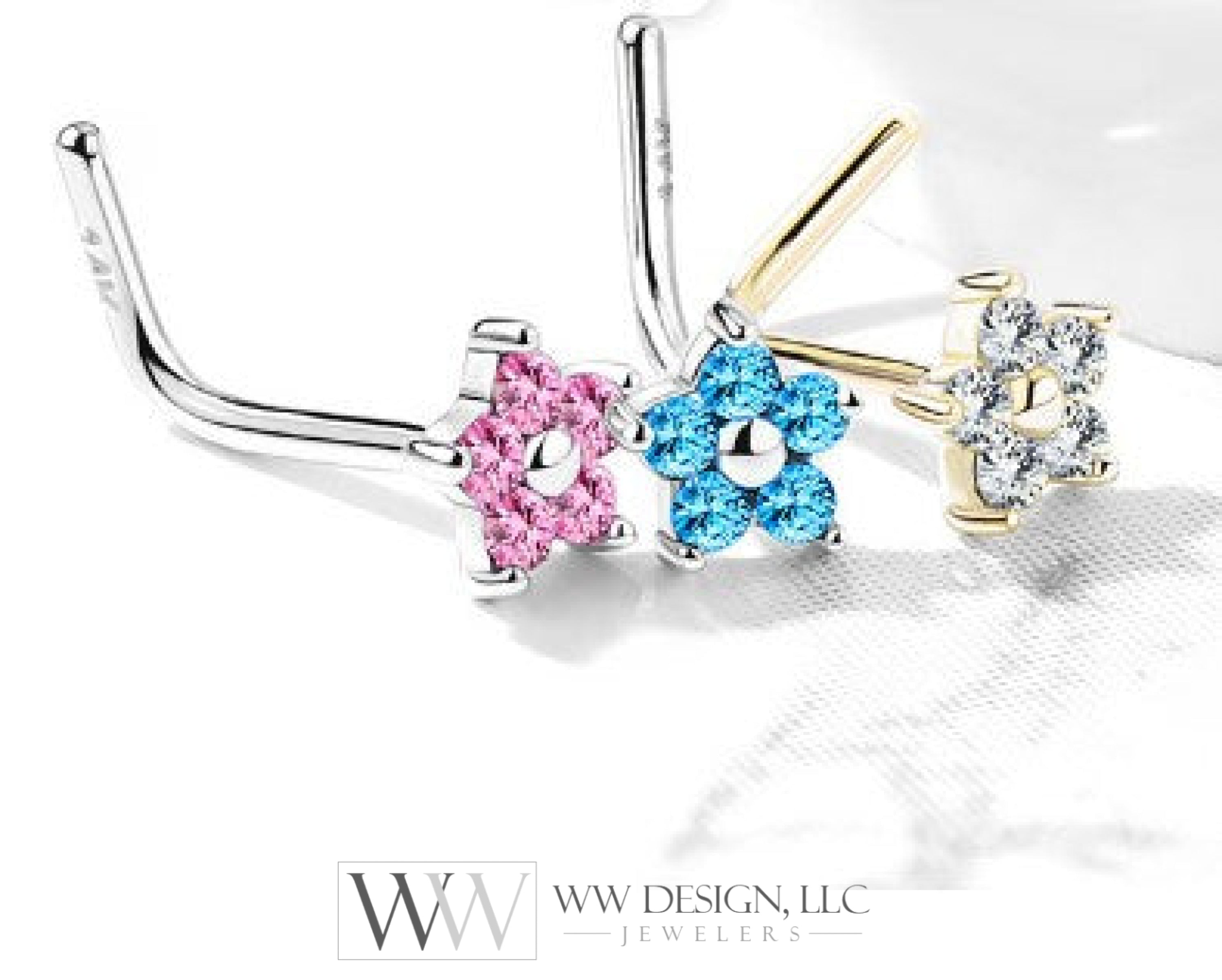 Cz Small Flower Cluster Nose Stud Ring With White Pink Or Blue - 14K Gold (Y W)