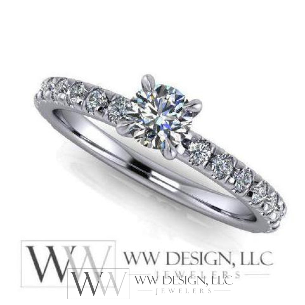 DIAMOND Engagement Ring Genuine F+ VS 0.25 ct (0.61 ctw) 4.1mm 14k Gold (Y, W, R) 18k Gold, Platinum Round w Pave Diamond Band Promise Ring