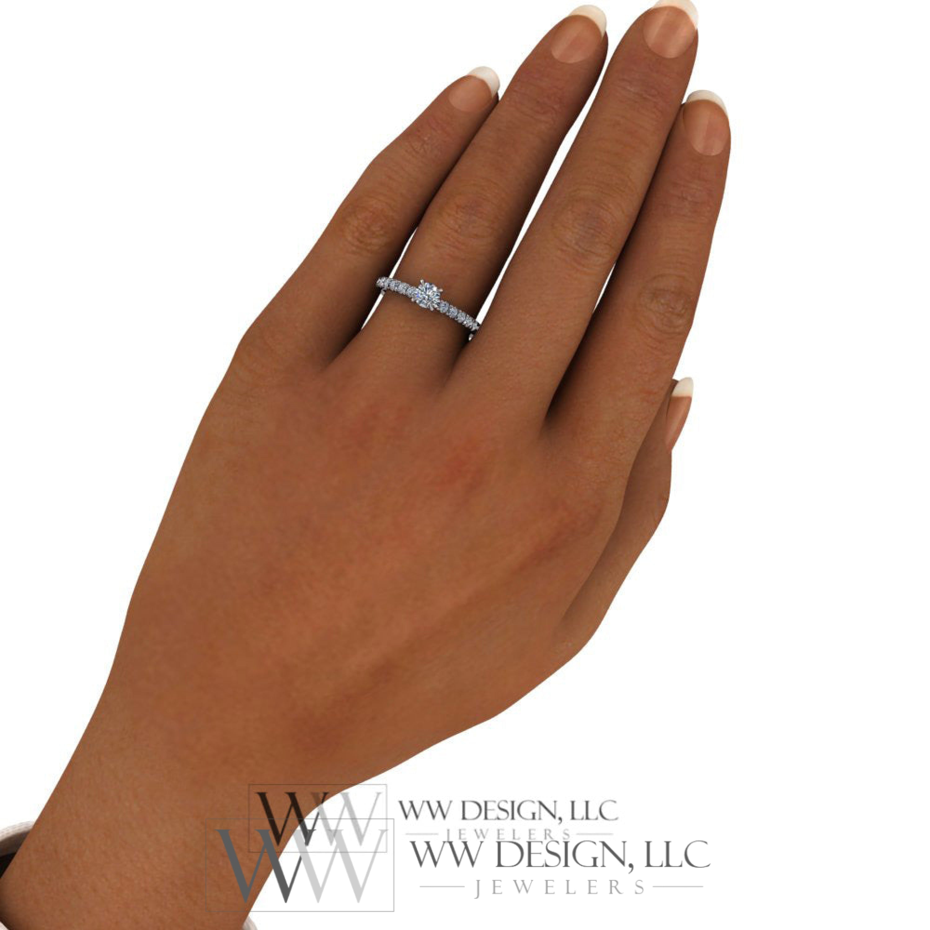 DIAMOND Engagement Ring Genuine F+ VS 0.25 ct (0.61 ctw) 4.1mm 14k Gold (Y, W, R) 18k Gold, Platinum Round w Pave Diamond Band Promise Ring